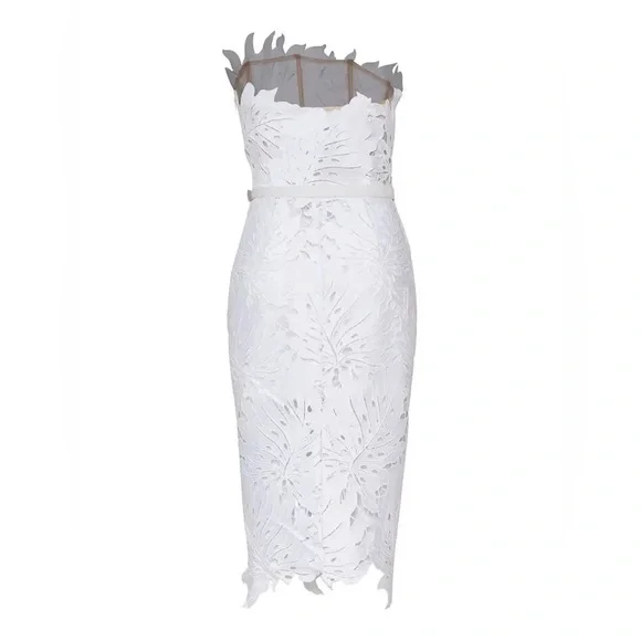 Sexy Whispy Lace Lined Bodycon Belted White MIDI Dress - Picture 7 of 8
